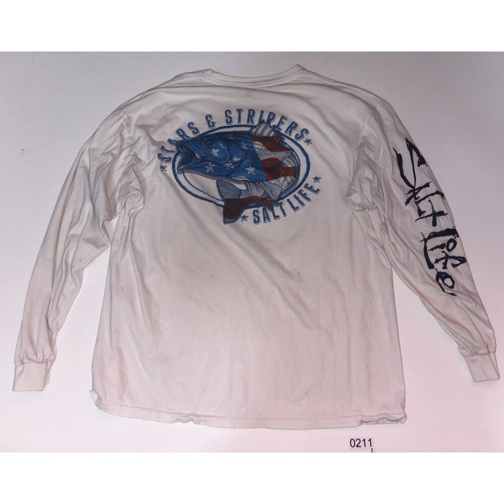 Salt Life Shirt Mens Large White Long Sleeve Fish Graphic Stars & Stripes Flag